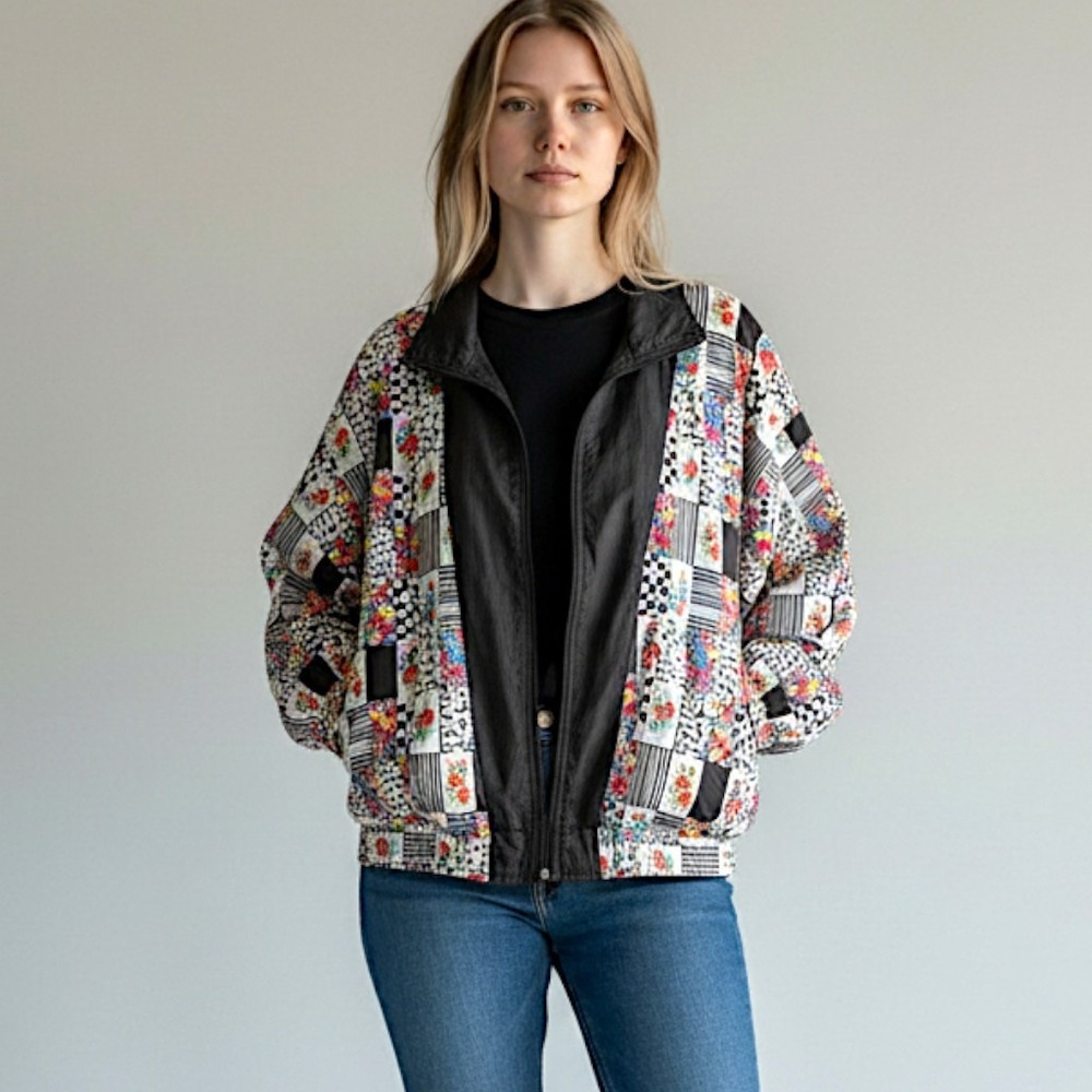 Vtg  90s Lavon by Cheerful Corp‎ Women's M Track Suit Jacket Floral Retro Fun